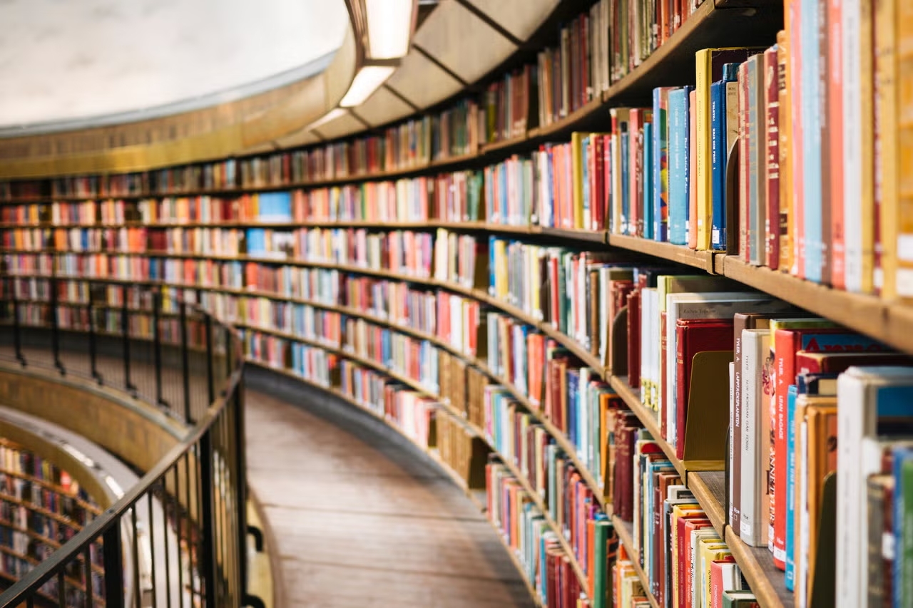 A bookshelf with a curved deck in front of it