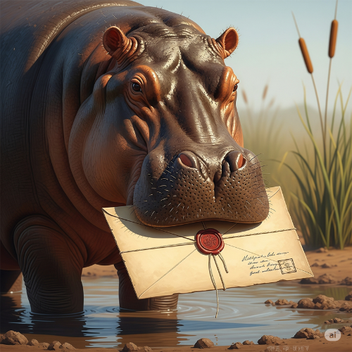 A hippo holding a letter in its mouth