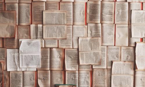 photo full of open books next to each other, some of them on top of others